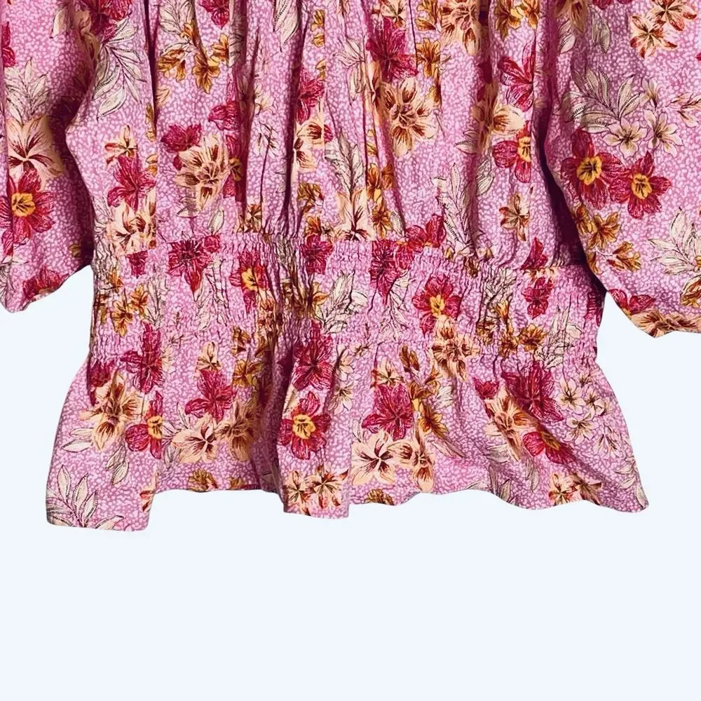 NWT LOFT Lily Blouse Top XL Gathered Waist Puff Sleeve Pink Floral Romantic $70